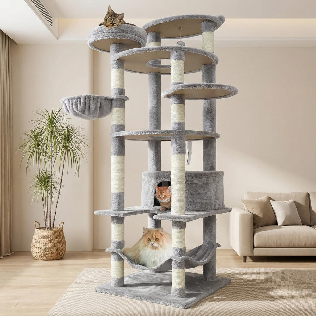 KWOJU 78.8" Large Cat Tree Tower for Indoor Kitties, Multi-Level Furniture Activity Center for Tall Cat Condo with Cozy Perches,Sisal Scratching Posts,Hammock and Basket (78.8 inch Light Gray)