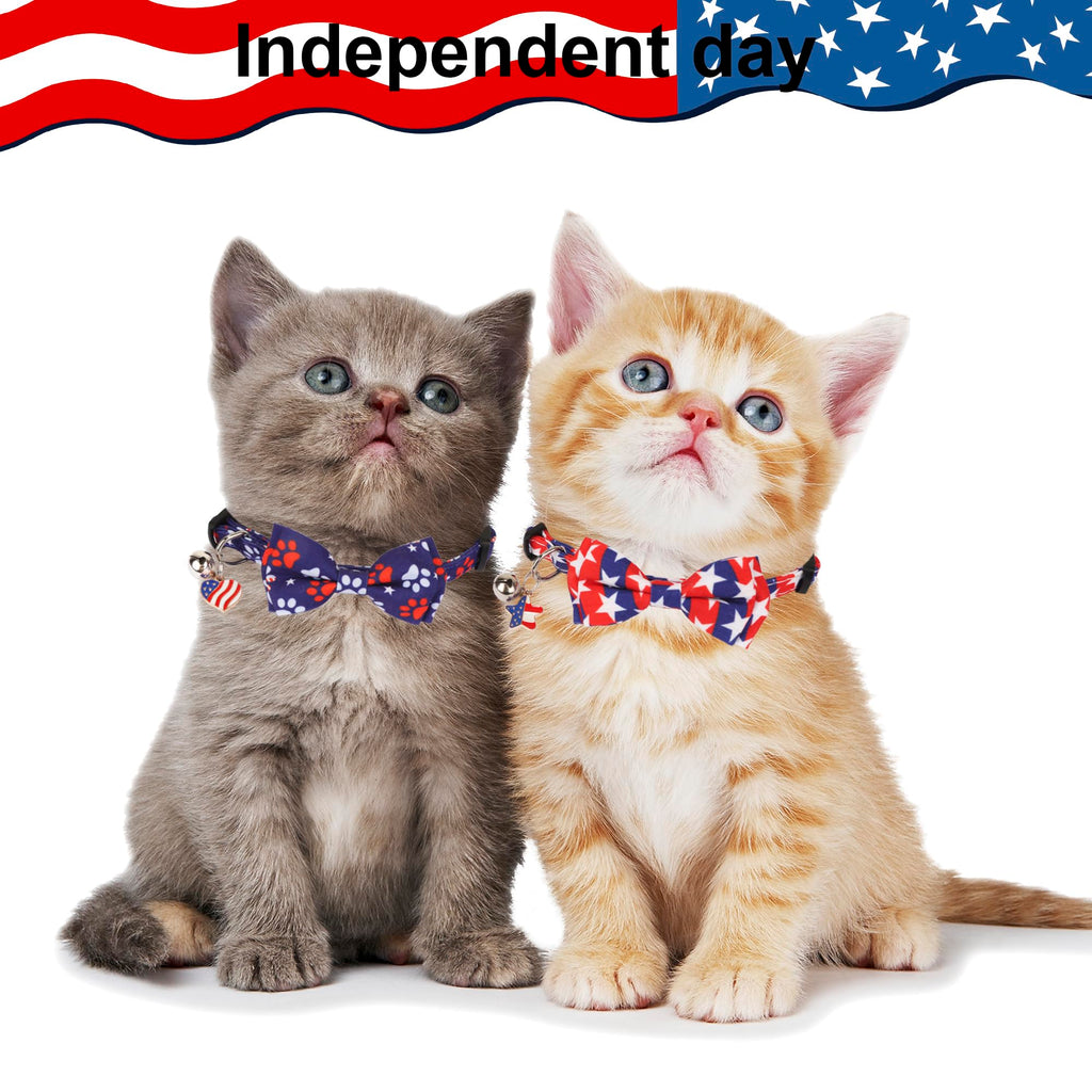 ADOGGYGO American Flag Cat Collar Breakaway with Bow Tie Bell - 2 Pack 4th of July Kitten Collar with Removable Bowtie Red Blue American Flag Collars for Cat Kitten