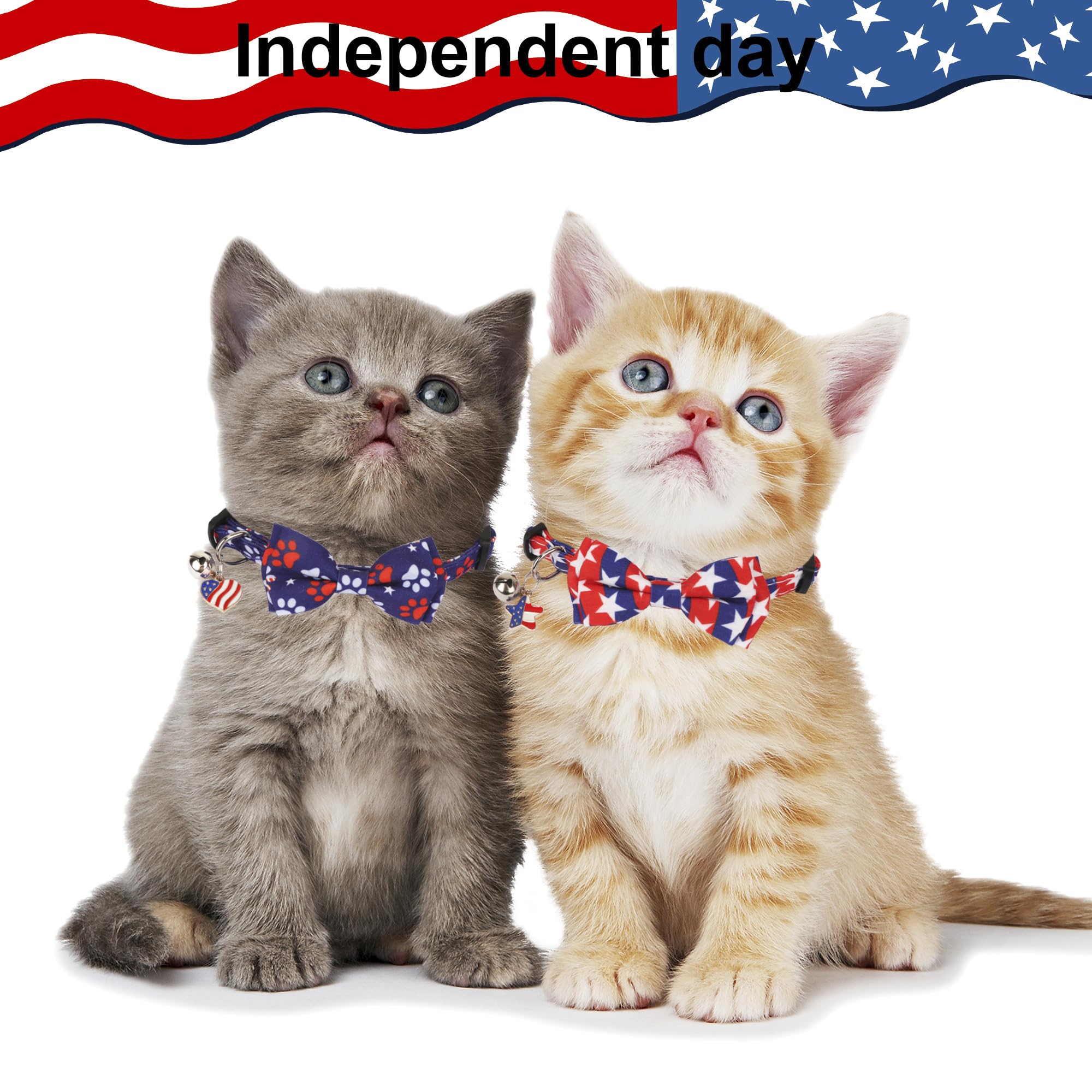 ADOGGYGO American Flag Cat Collar Breakaway with Bow Tie Bell - 2 Pack 4th of July Kitten Collar with Removable Bowtie Red Blue American Flag Collars for Cat Kitten