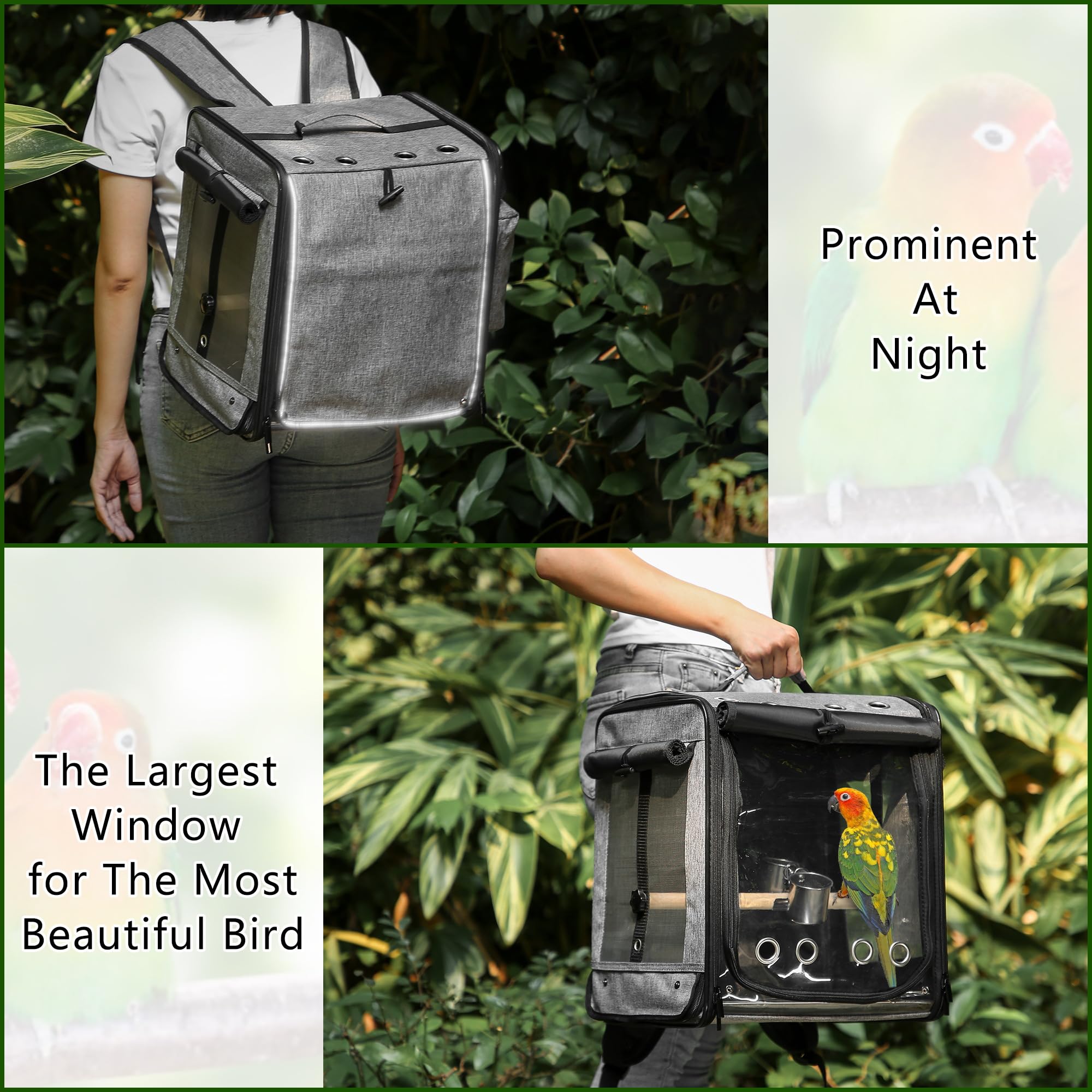Suertree Bird Carrier with Seat Belt for Car Travel, Bird Backpack Carrier with Indestructible Stainless Steel Mesh, Large Bird Carrier Travel Cage, Grey