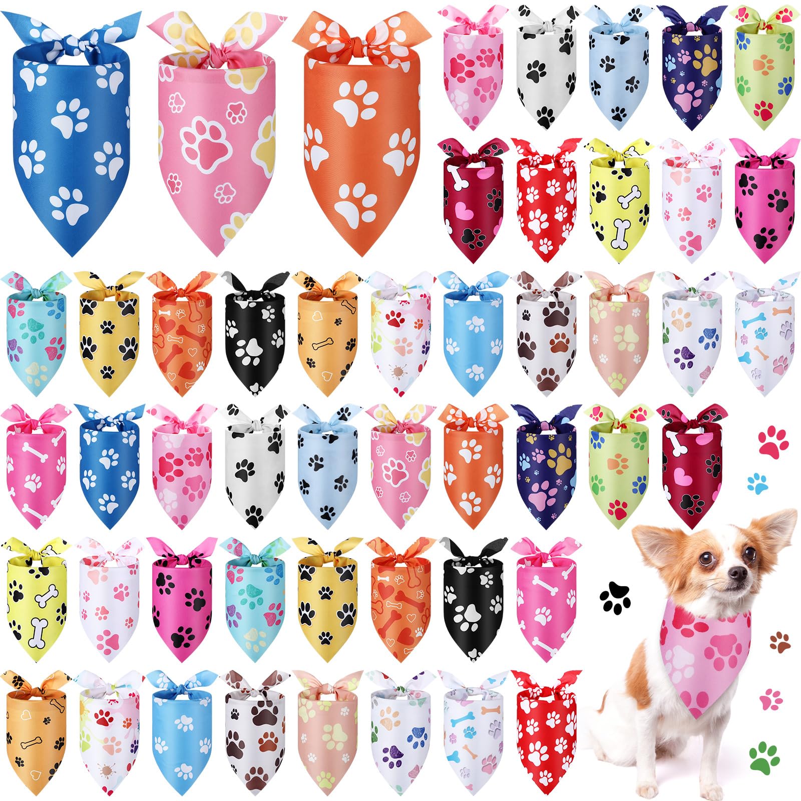 Abbylike 50 Pcs Paw Print Dog Bandanas Bulk Cute Footprint Bandanas for Dogs Triangle Kerchief Bib Scarf for Pets National Dog Day Party Costume Photo Props Accessories Pet Shops (31.5 x 21.7 x 21.7)