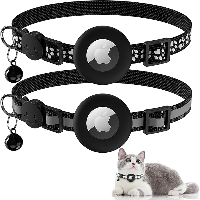 Vanjua 2 Pack Airtag Cat Collar Breakaway with Bell, Reflective Kitten Collar with Air Tag Cat Collar Holder Case for Girl Boy Cats, Pet Supplies Accessories (Black B+Blue B)