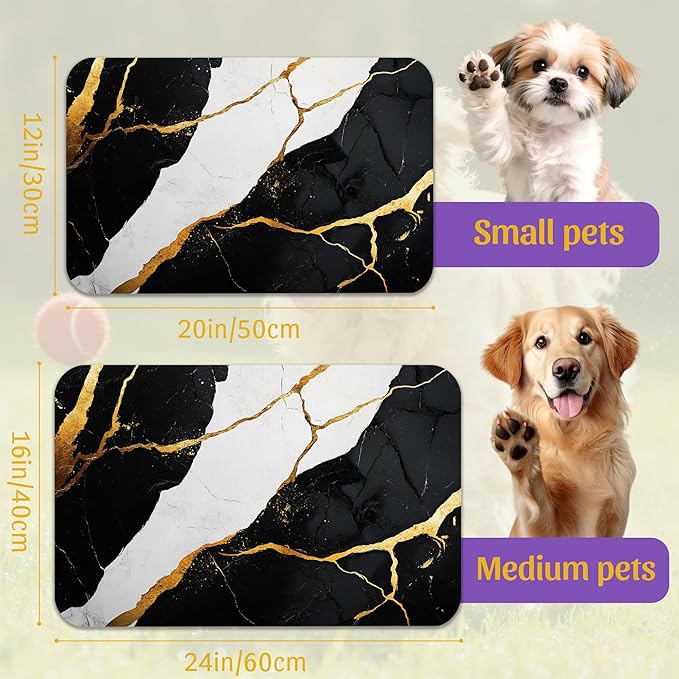 Black Gold Marble Dog and Cat Food Mat, Absorbent Feeding Placemat, Waterproof Non-Skid Rubber Backing, No Stains Pet Supplies – 12x20 Inch
