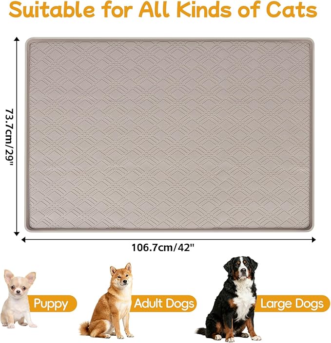 Lanstics Dog Food Mat 42" x29" Large Silicone Mat with Raised Edge Beige