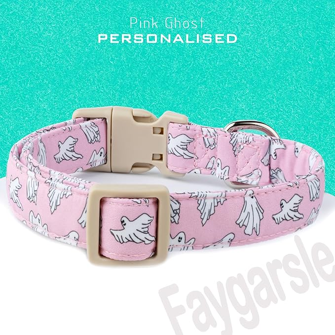Faygarsle Pink Ghost Pattern Dog Collar with Charm, Halloween Pet Necklace, Adjustable Collar for Small Medium Large Dogs, L