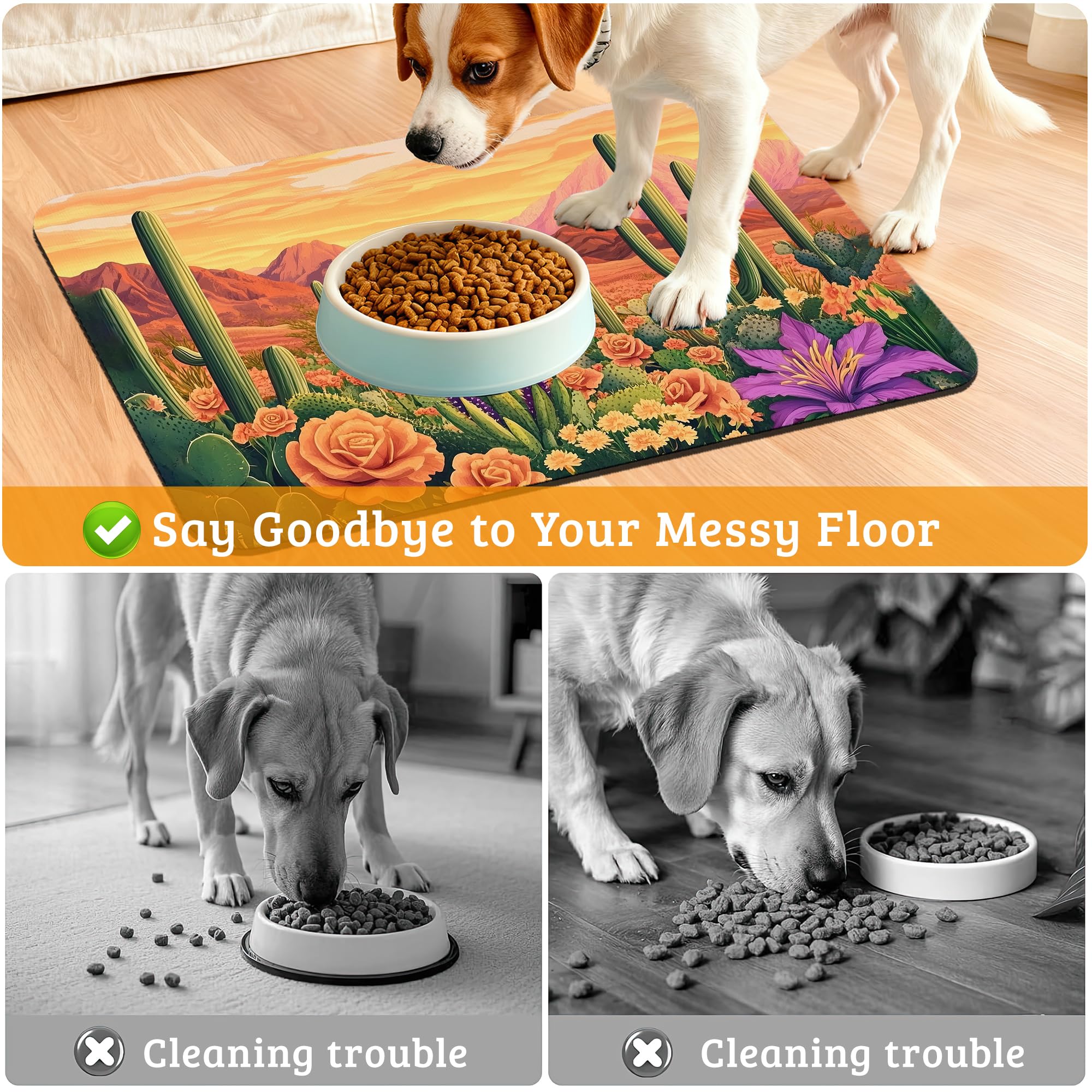 Pet Feeding Mat,Cactus Absorbent Dog Cat Food Mat Desert Dog Mat with Rubber Backing,Non-Slip Water Bowl Placemat,Pet Supplies 16" x 24"
