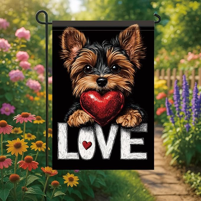 Starlit Patio Cute Kasha Dog Garden Flag Holding Red Heart Love Sign Double Sided Yard Banner 12x18 Inch Romantic Outdoor Decoration for Lawn Patio Dog Lover Gift Valentine Anniversary Seasonal Flag