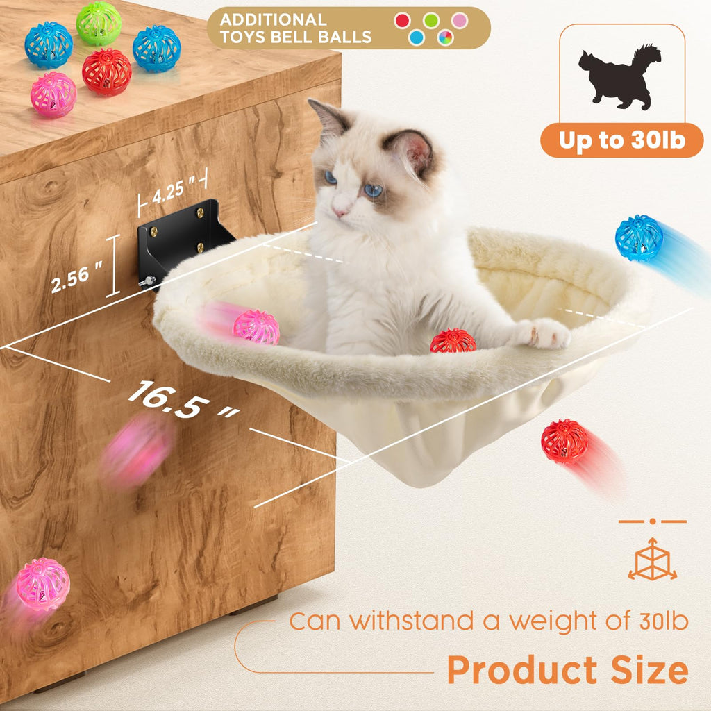 JUNSPOW Cat Hammock Wall Mounted, Foldable & Stable Cat Beds- Breathable Cats Wall Shelves for Sleeping, Playing, Climbing, and Lounging - Maximum Hold Up to 30lb（Cream,Faux Rabbit Fur）