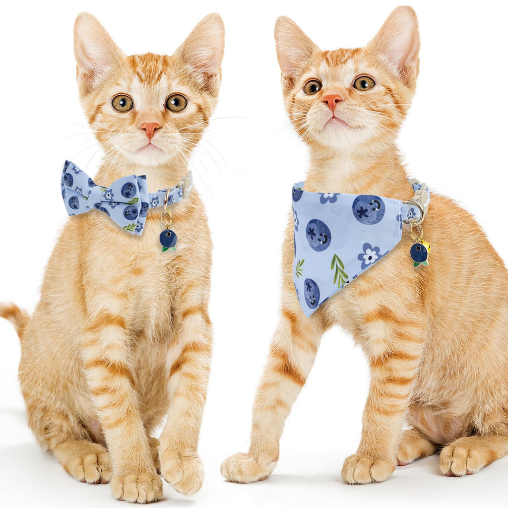 Faygarsle 2 Pack Blueberry Pattern Cat Collar Set with Bandana and Bow Tie, Light Blue, Breakaway Style with Bell