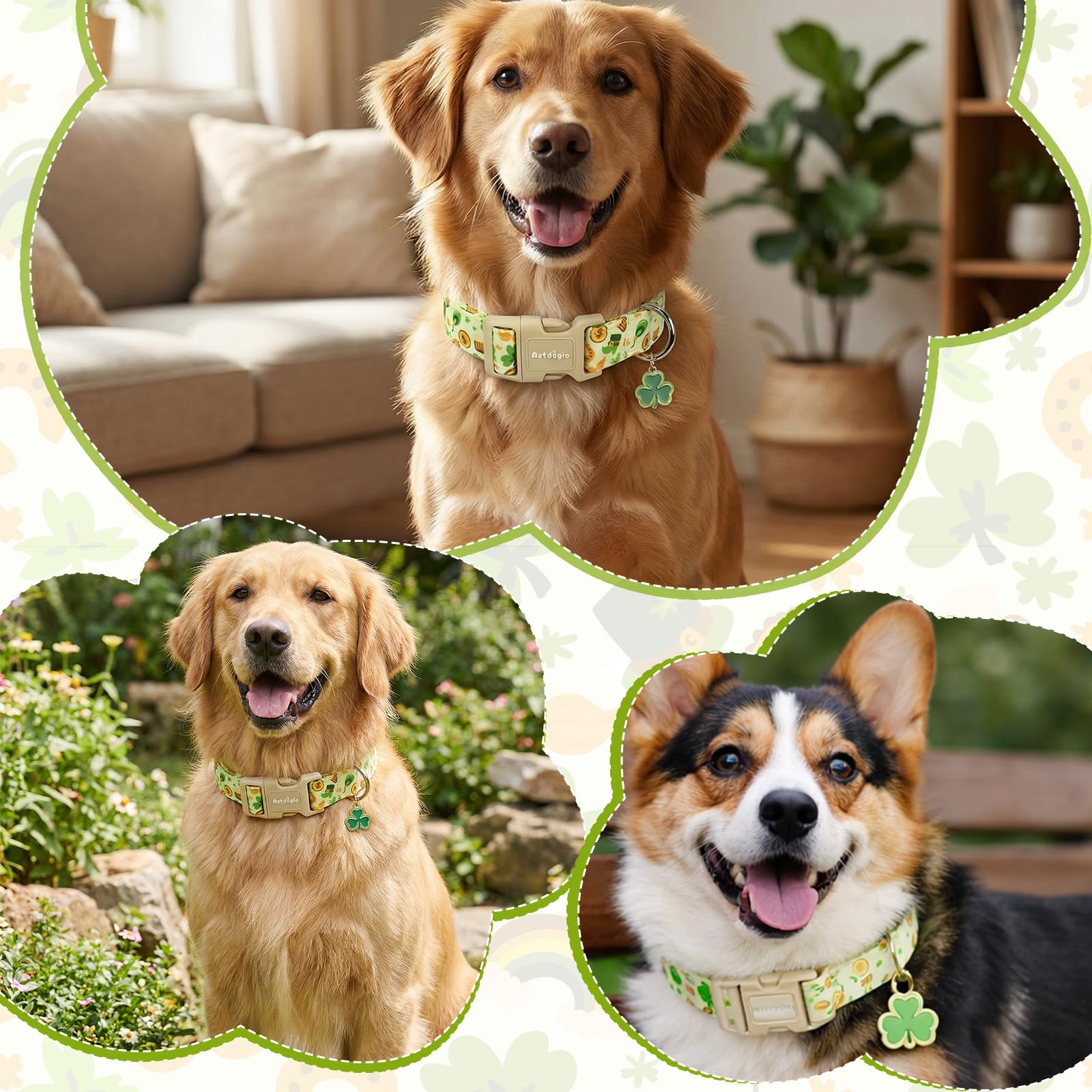 Astdogio St. Patrick's Day Dog Collar,Light Green Puppy Collar with Lucky Shamrock,Adjustable Spring Cotton Collars Gifts for Small Medium Large Dogs,Dog Accessories M