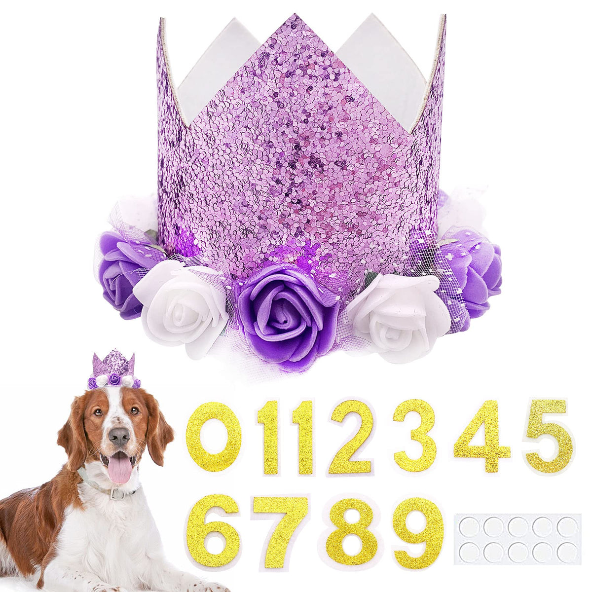 PET SHOW Pink Crown Hat Dog Birthday Party Supplies for Girls Female Pets Small Medium Large Dogs Cats Birthday Hat and Plaid Bandana with 0-9 Numbers and Glue