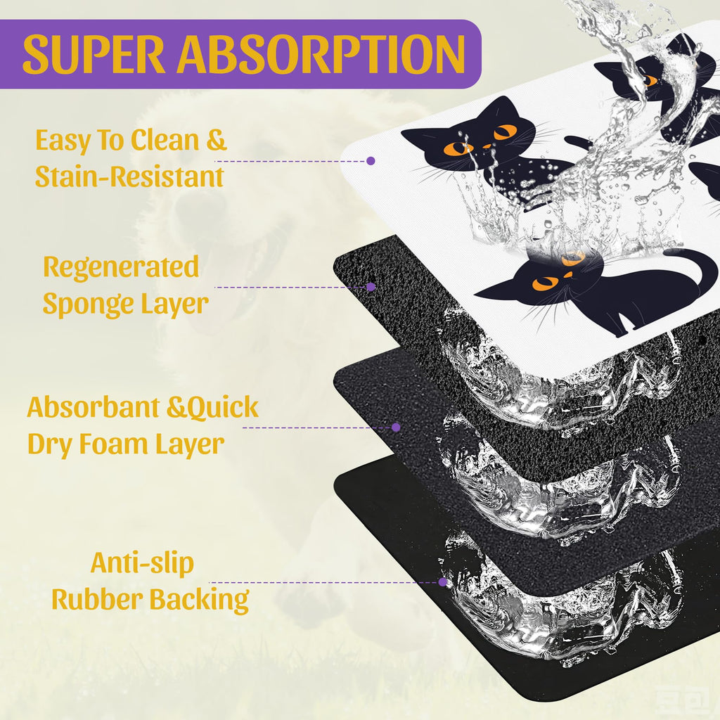 Cute Black Cats Pet Feeding Mat, Absorbent Dog and Cat Bowl Pad, Fast Dry, Non-Slip Back – 12x20 Inch