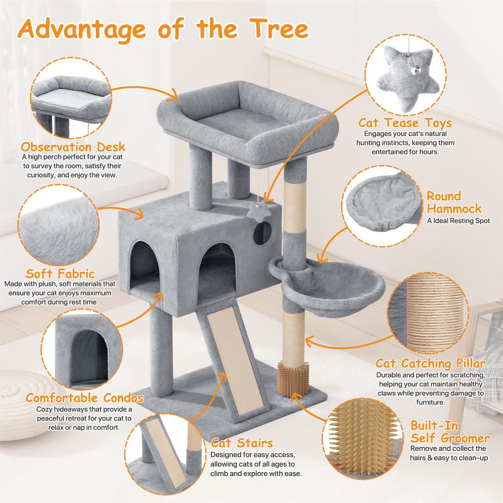 Polias 36-Inch Cat Tree Tower for Small and Medium Indoor Cats, Multi-Level Cat Furniture with Sisal Scratching Posts, Hammock, Condo & Scratching Board, Light Gray