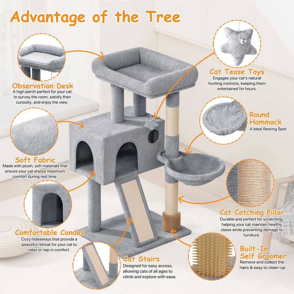 Polias 36-Inch Cat Tree Tower for Small and Medium Indoor Cats, Multi-Level Cat Furniture with Sisal Scratching Posts, Hammock, Condo & Scratching Board, Light Gray