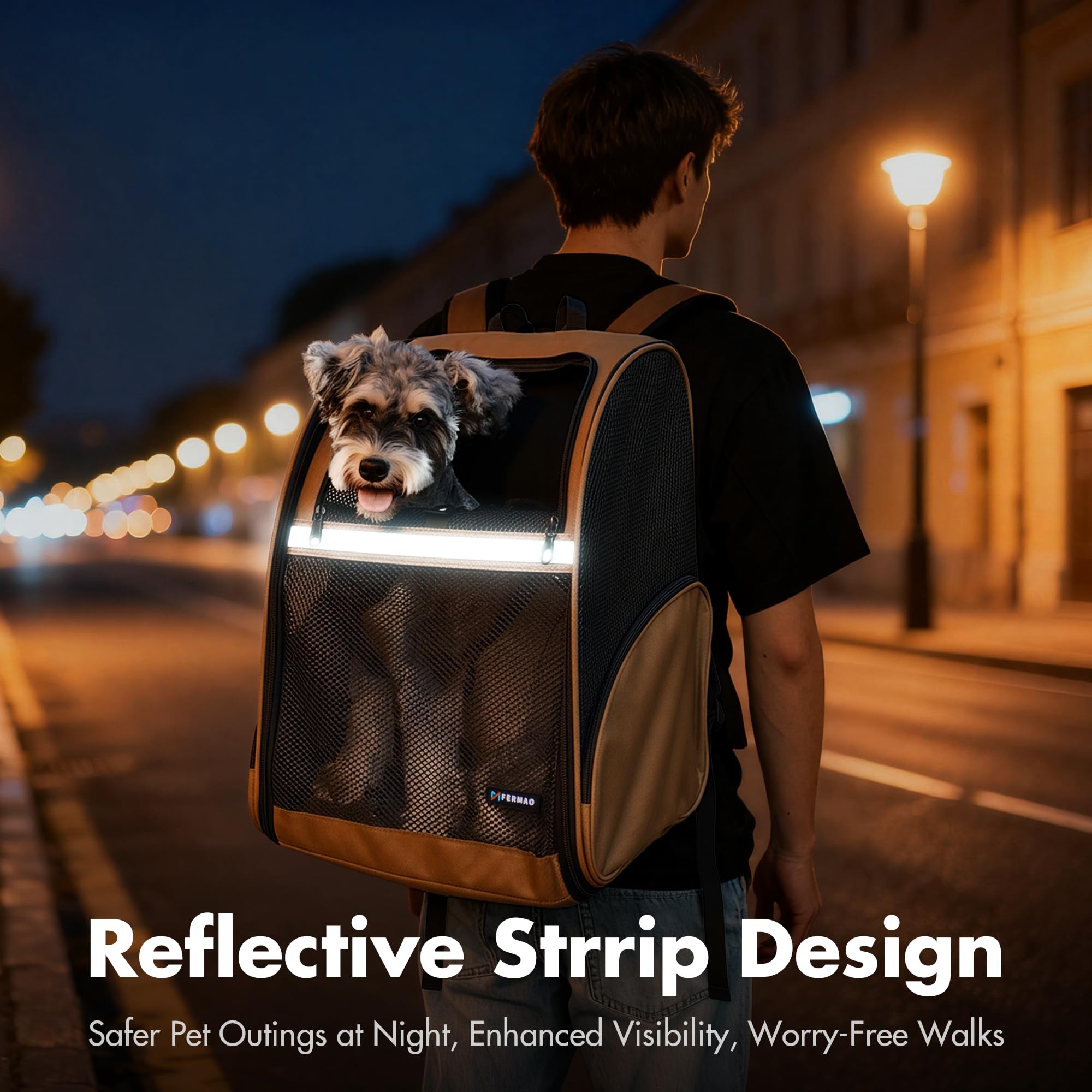 FERMAO Pet Backpack Carrier, Large Cat Carrier Backpack Up to 20 Lbs with Breathable Mesh, for Medium Large Cats or Small Dogs, Travel Hiking Camping Backpack (Brown-XL)