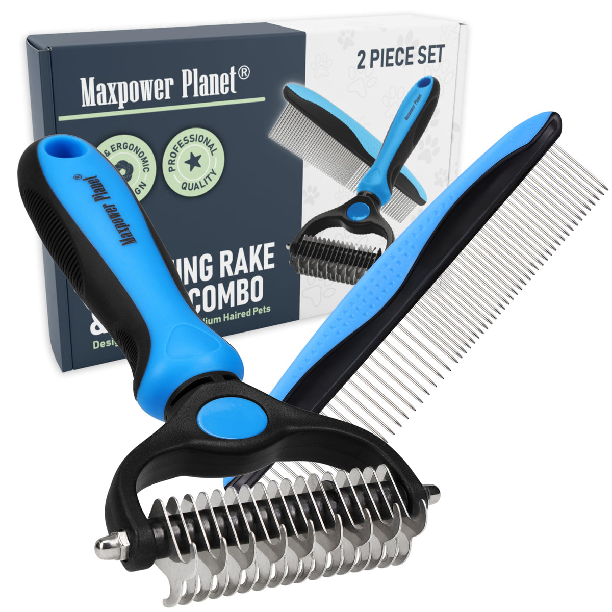 Maxpower Planet Pet Grooming Brush - Double Sided Dematting Undercoat Rake for Dogs and Cats, Extra Wide Pet Brush to Reduce Shedding by 95% (Blue, S)