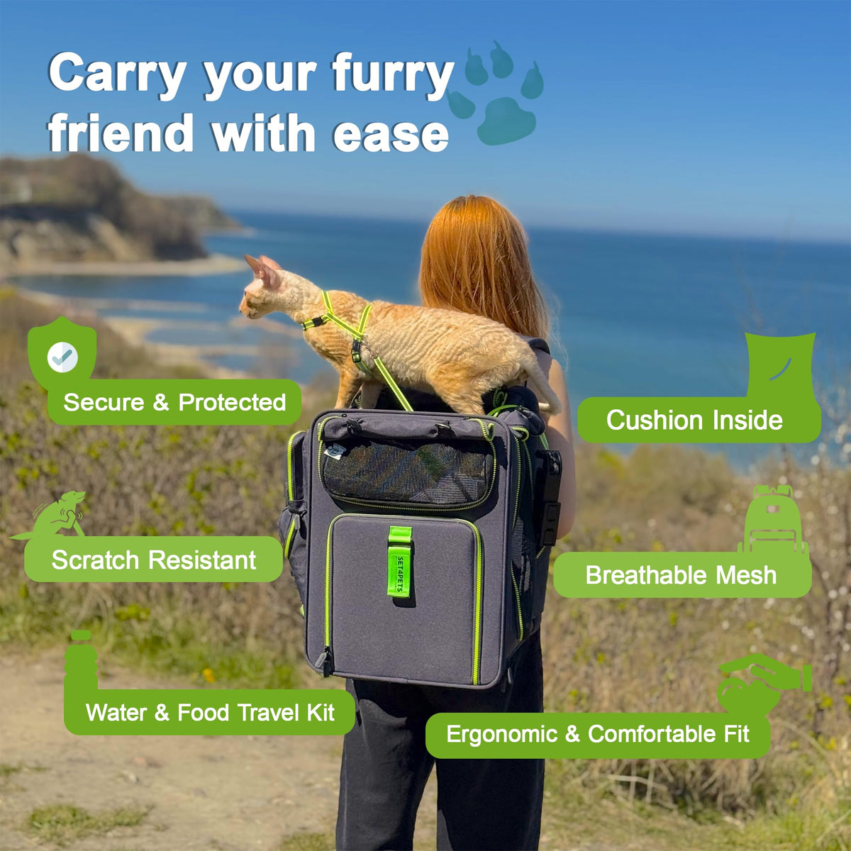 Set4Pets Expandable Cat Carrier Backpack for Cats & Small Dogs, Gray/Green