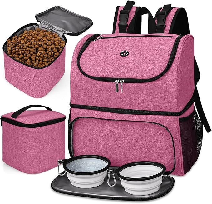 BAGLHER丨Dog Travel Bag, Airline Approved Pet Supplies Backpack, Dog Travel Backpack Accessories Set with 2 Silicone Collapsible Bowls and 2 Food Baskets. Purple