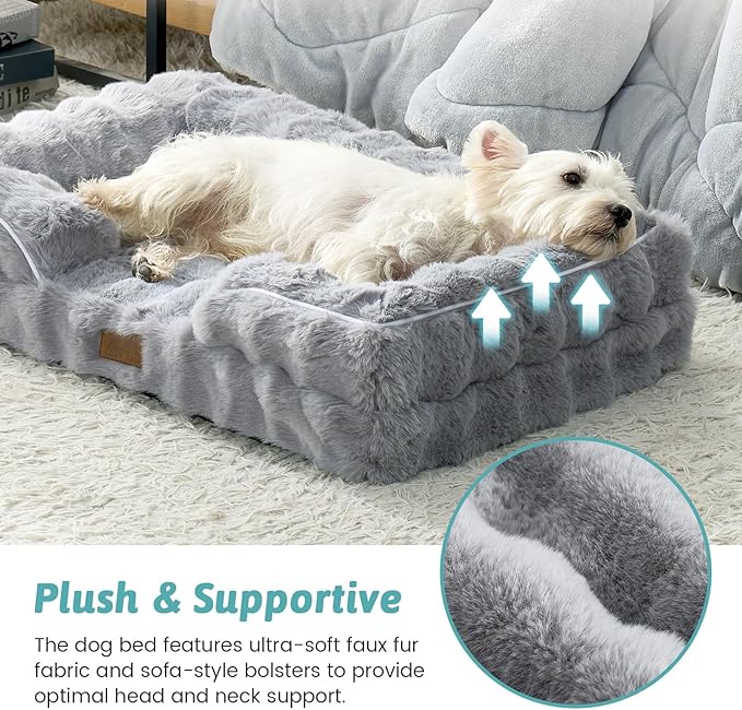 Orthopedic Dog Bed for Medium Small Size Dog, Soft and Warm Faux Fur Sofa for Pet Up to 40 lbs, Foam Bolster Anti-Slip Couch with Washable Removable Cover, M 30x20x6.5 inch, Grey