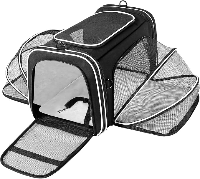 MASKEYON TSA Airline Approved Large Pet Travel Carrier,4 Sides Expandable with 2 Mesh Pockets,3 Entry, Soft Sided Collapsible Dog Carrier for 2 Cats,Kittens,Puppies,Dog, X-Large, Black & White