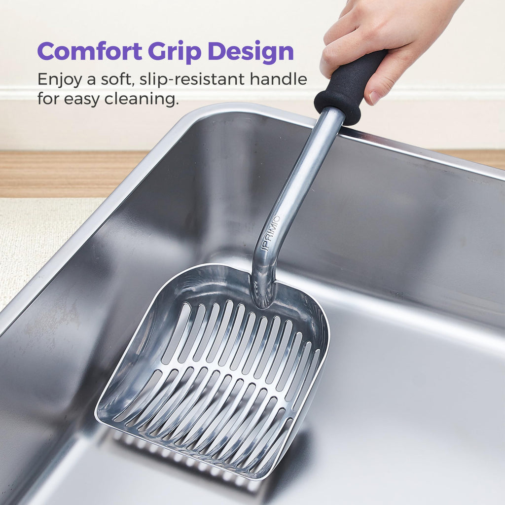 iPrimio Metal Cat Litter Scoop, Non Stick Plated, Long 17" Handle, Silver