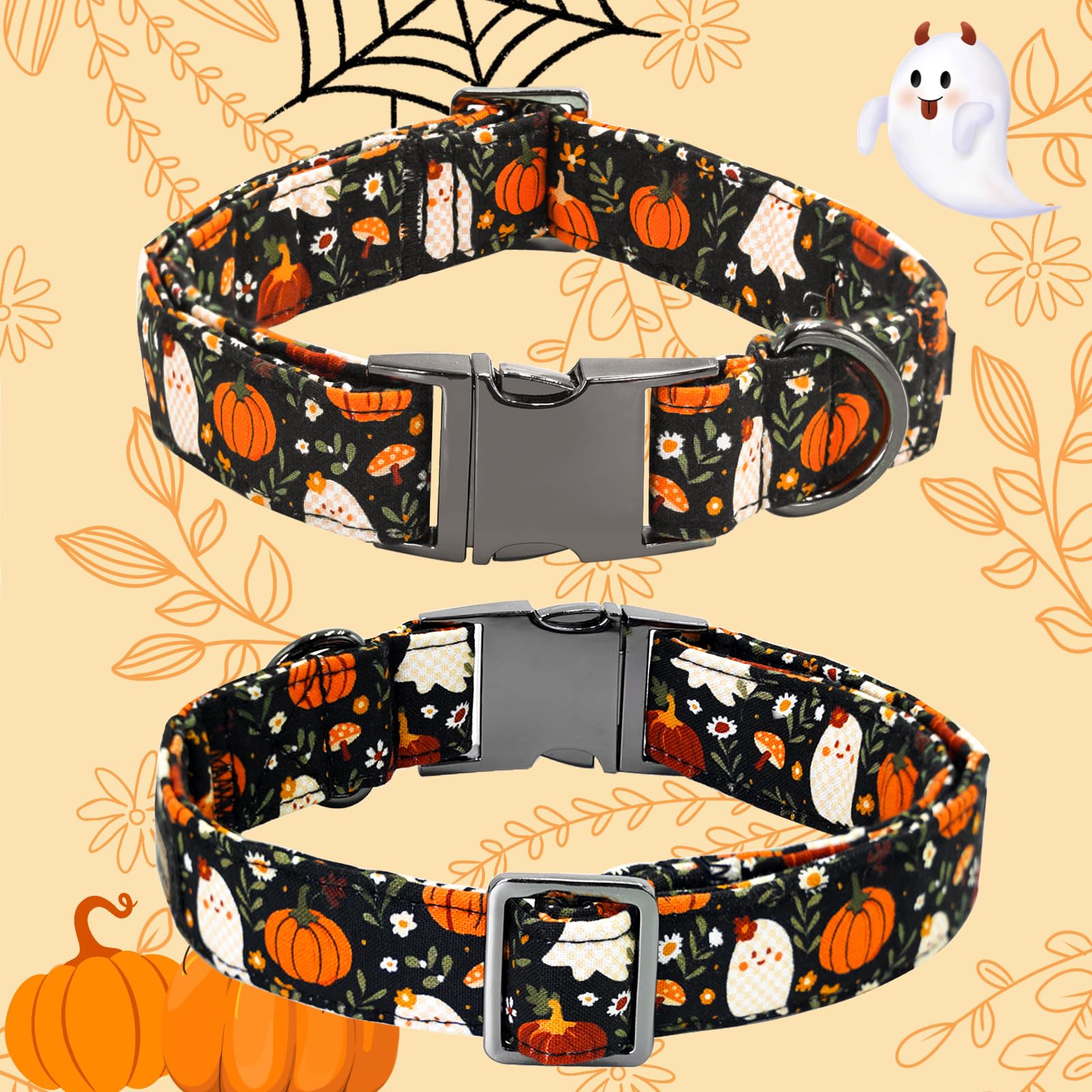 Bobo Rainbow Halloween Dog Collar, Ghost Print Adjustable Pet Collar Fall Pumpkin Cute Cotton Soft Collars with Bow Tie Fall Metal Buckle Holiday Puppy Collars Boy&Girl Gift for Medium Dogs