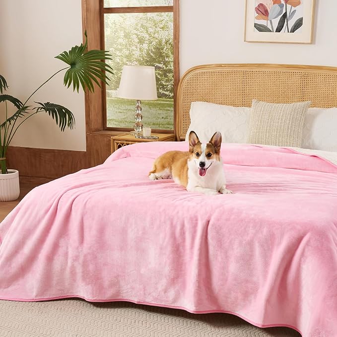 Sunheir Waterproof Blanket for King Size Bed - 108"x86" Soft Reversible Sherpa Fleece Flannel Dog Blankets for Large Dogs, Pet Blanket for Bed, Couch, Soft Plush Furniture Protector, Pink