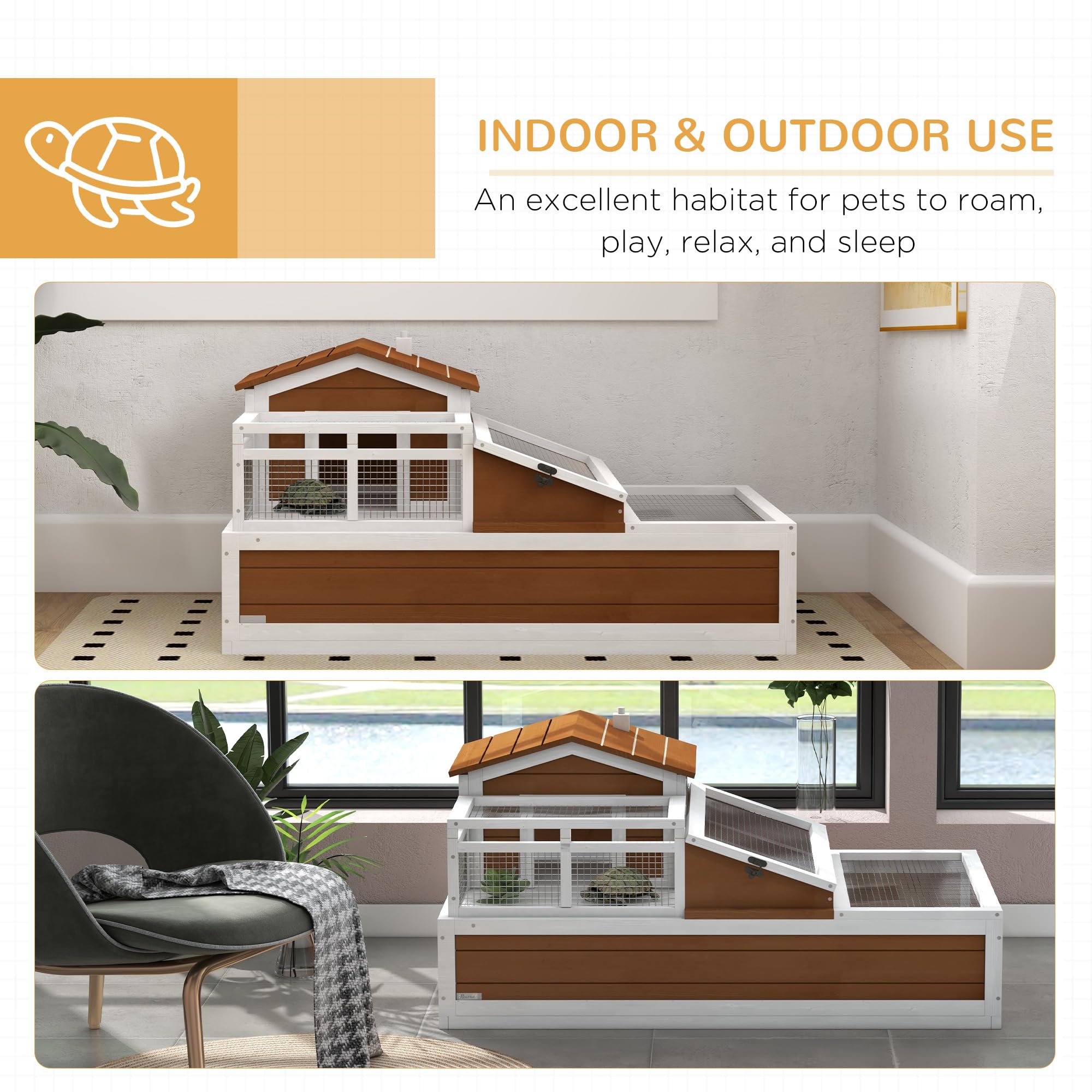 PawHut 3- Room Tortoise House Habitat with Balcony & 2 Stories, Indoor/Outdoor Wooden Tortoise Enclosure with Ladder, Tray, Openable Roof, Large Reptile Cage, 44" x 25. 5" x 23", Coffee