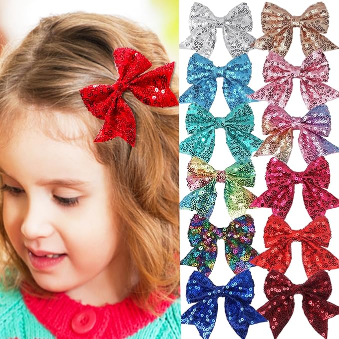 3-inch Sequined Bow Hair Clips For Baby Girls, Toddler, Kids and Young Women Birthday Party Wedding Christmas Occasions Pet Accessories Set of 2 (Red)
