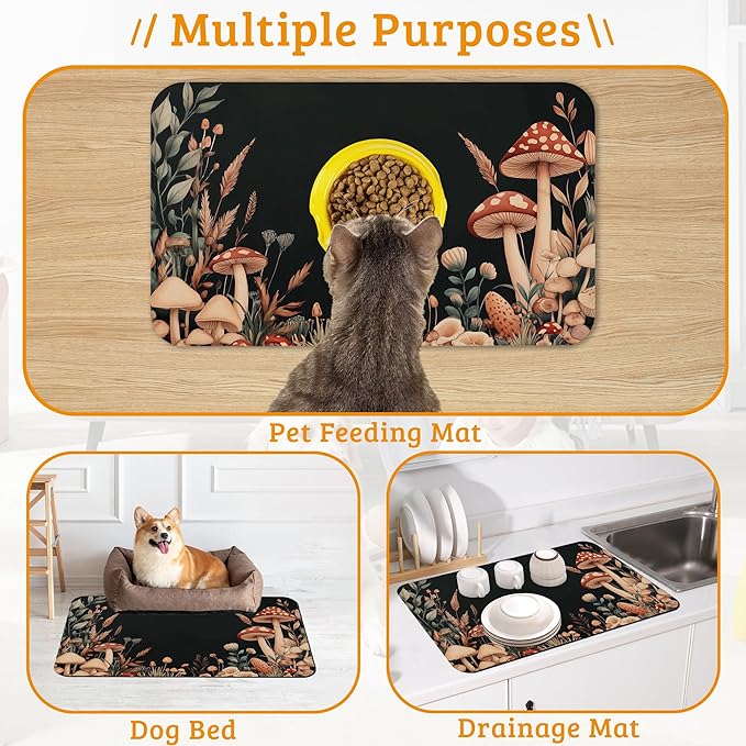 Vintage Mushroom Dog Food Mat,Leaf Absorbent Pet Feeding Mat for Food and Water Bowl,Quick Dry Dog Placemat Non Slip Rubber Backing Waterproof Pet Supplies 12" x 20"