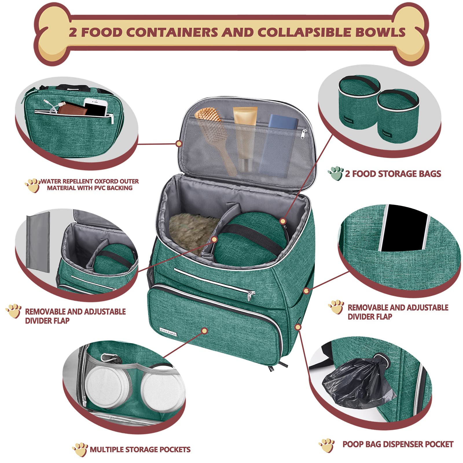 BAGLHER丨Dog Travel Bag Backpack, Airline Approved Pet Supplies Backpack, Dog Travel Bag with 2 Silicone Collapsible Bowls and 2 Food Baskets Green