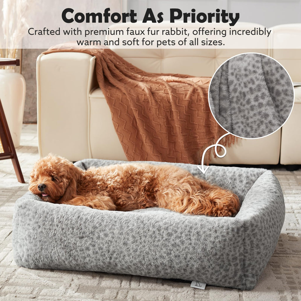 JOEJOY Large Dog Beds Large Sized Dog, Removable Washable Cover Orthopedic Soft Faux Rabbit Fur Pet Bed, Anti-Slip Fluffy Plush Faux Rabbit Fur Puppy Bed, 36"x27"x8", Leopard Print, Grey