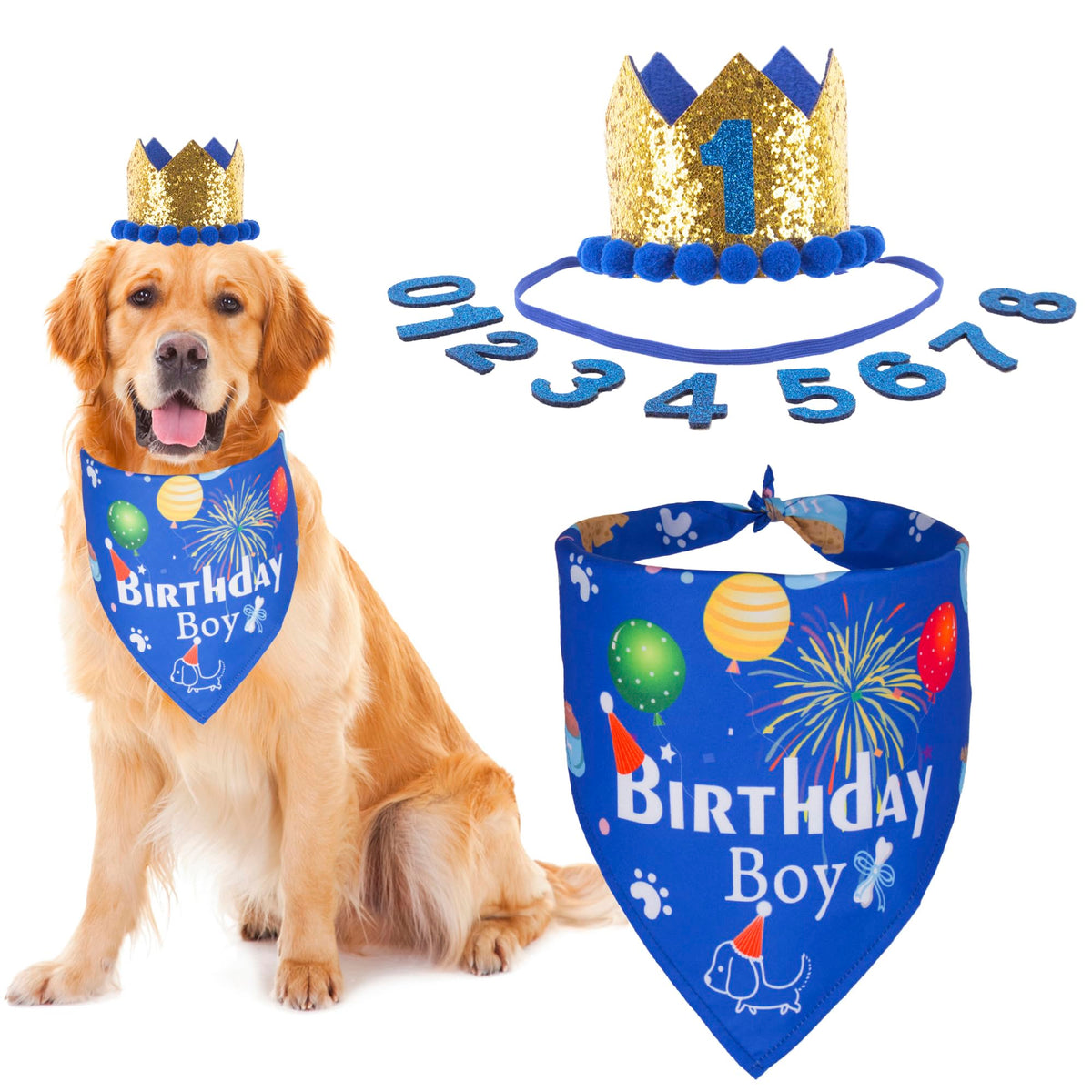 ADOGGYGO Dog Birthday Hat Bandana Bow Tie Set, Navy Blue, Large
