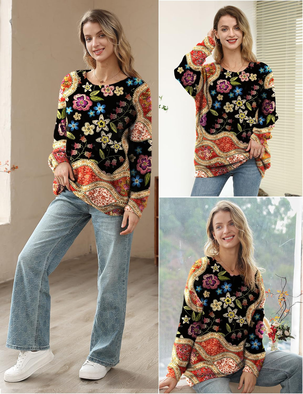 YESNO Women Sweater Graphic Oversized Pullover Sweaters Casual Loose Long Sleeve Knit Tops 2XL S01 CR174