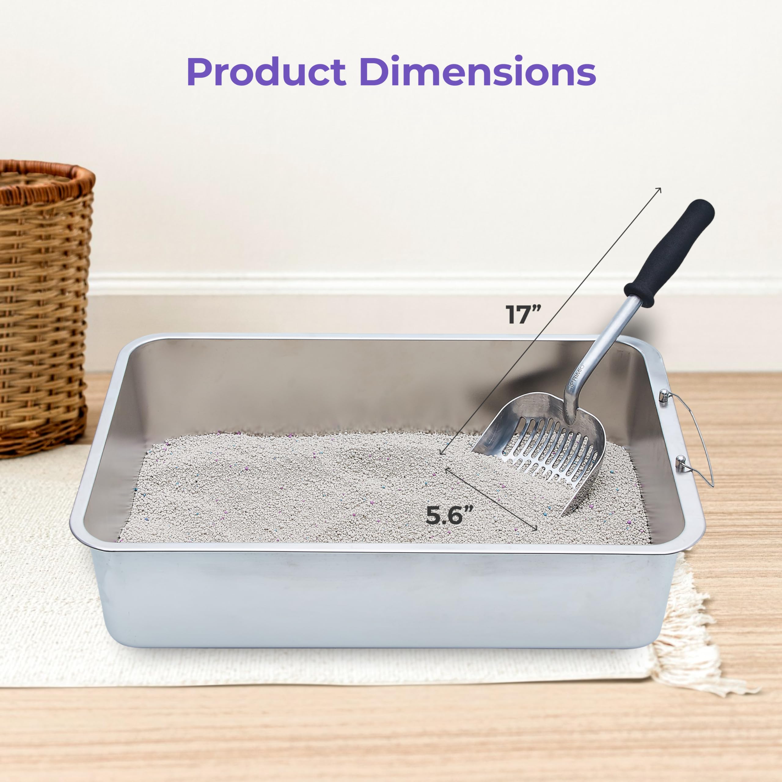 iPrimio Metal Cat Litter Scoop, Non Stick Plated, Long 17" Handle, Silver