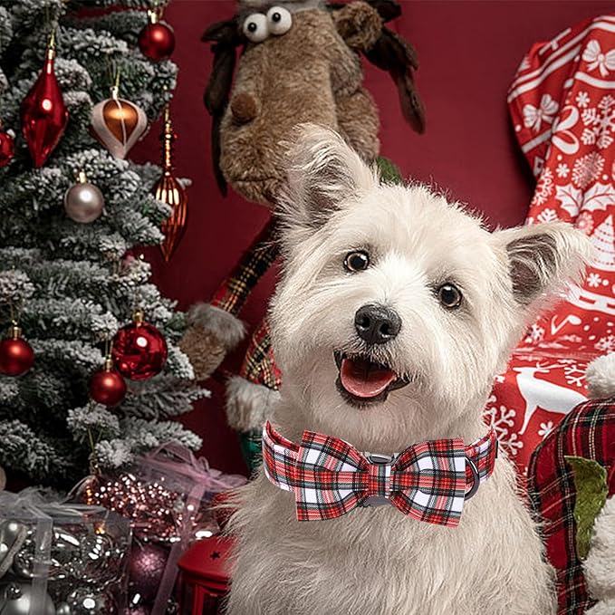 Bobo Rainbow Christmas Dog Collar, Red Plaid Cotton Collars with Bow Adjustable Pet Collar Premium Metal Buckle, Christmas Puppy Necklace for Large Girl and Boy Dogs