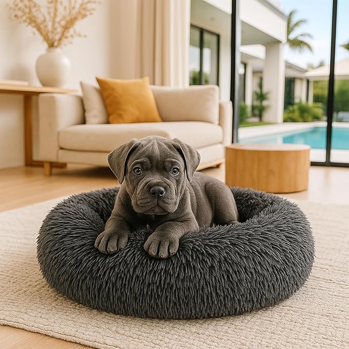 Calming Dog Bed - Fluffy Donut Cuddler for Anxiety Relief, Orthopedic Pet Bed with Non-Slip Bottom, Cozy Round Faux Fur Nest for Dogs and Cats, Plush Crate Mat for Comfort (Dark Grey, Small +)