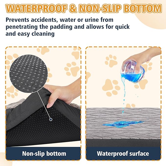 Maihandasi Orthopedic Dog Crate Bed – Waterproof Plush Pet Mattress with Removable Washable Cover, Non-Slip Bottom, Big Memory Foam Dog Bed for Crate, 36x27 Inch, Grey