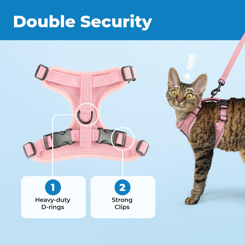 Voyager Escape-Proof Step-in Lock Cat Harness & 5ft Neoprene-Handle Leash Set All-Weather Mesh with Reflective Stitching for Small to Large Cats by Best Pet Supplies, Pink (327), S