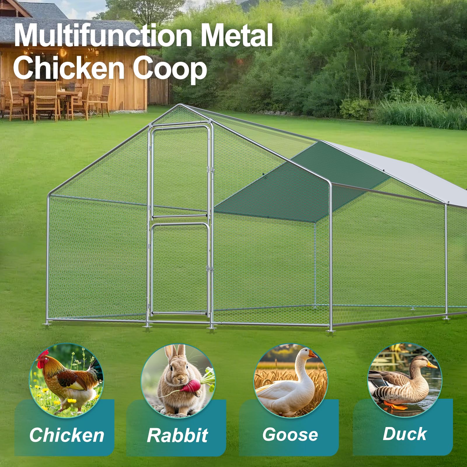 Airynee Large Chicken Coop, Chicken Coops for 20 Chickens, Chicken Runs for Yard with Water Poof & UV Resistance Cover, Spire Roof Chicken Coop Run with Double Lockable Doors for Outdoor Backyard
