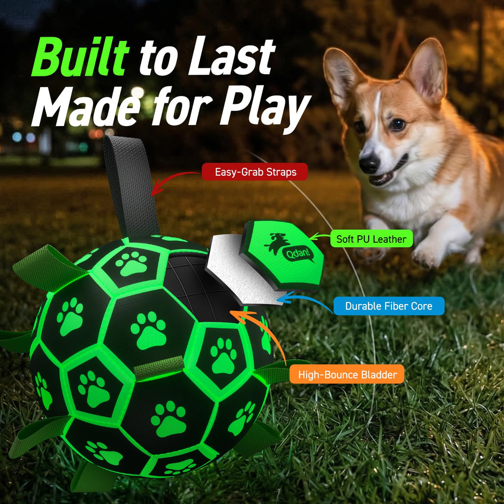 QDAN Glow in The Dark Dog Toys Soccer Ball with Straps, Outdoor Interactive Dog Toys Puppy Birthday Gifts, Dog Tug Water Toy, Light Up Dog Balls for Small & Medium Dogs（6 Inch Size 2）
