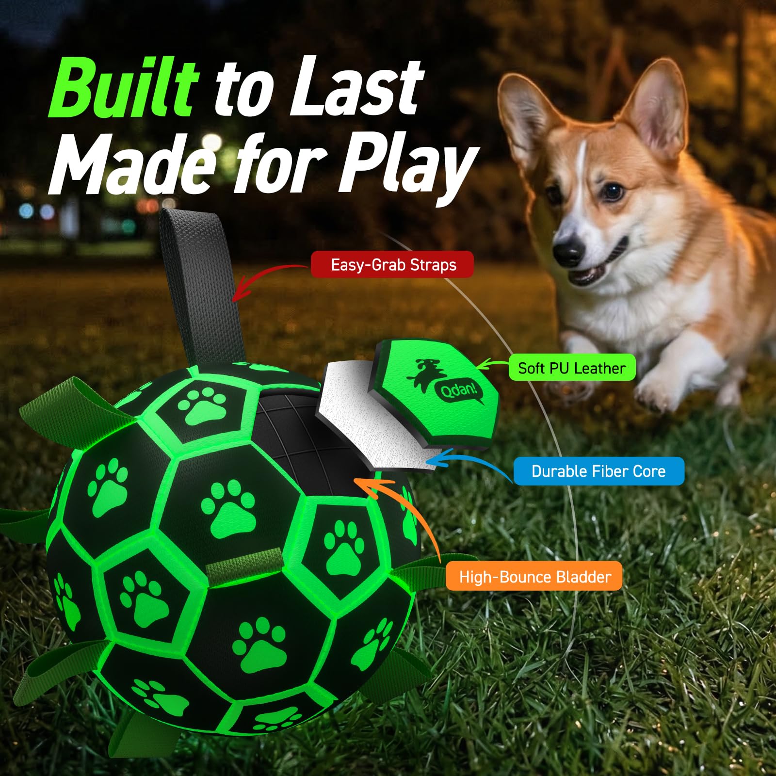 QDAN Glow in The Dark Dog Toys Soccer Ball with Straps, Outdoor Interactive Dog Toys Puppy Birthday Gifts, Dog Tug Water Toy, Light Up Dog Balls for Small & Medium Dogs（6 Inch Size 2）