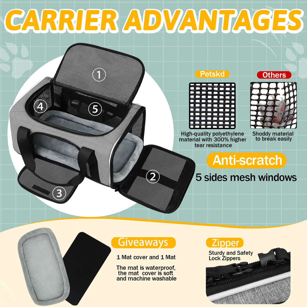 Petskd Small Pet Carrier 17" L x 11" W x 9.5" H Airline Approved, Grey