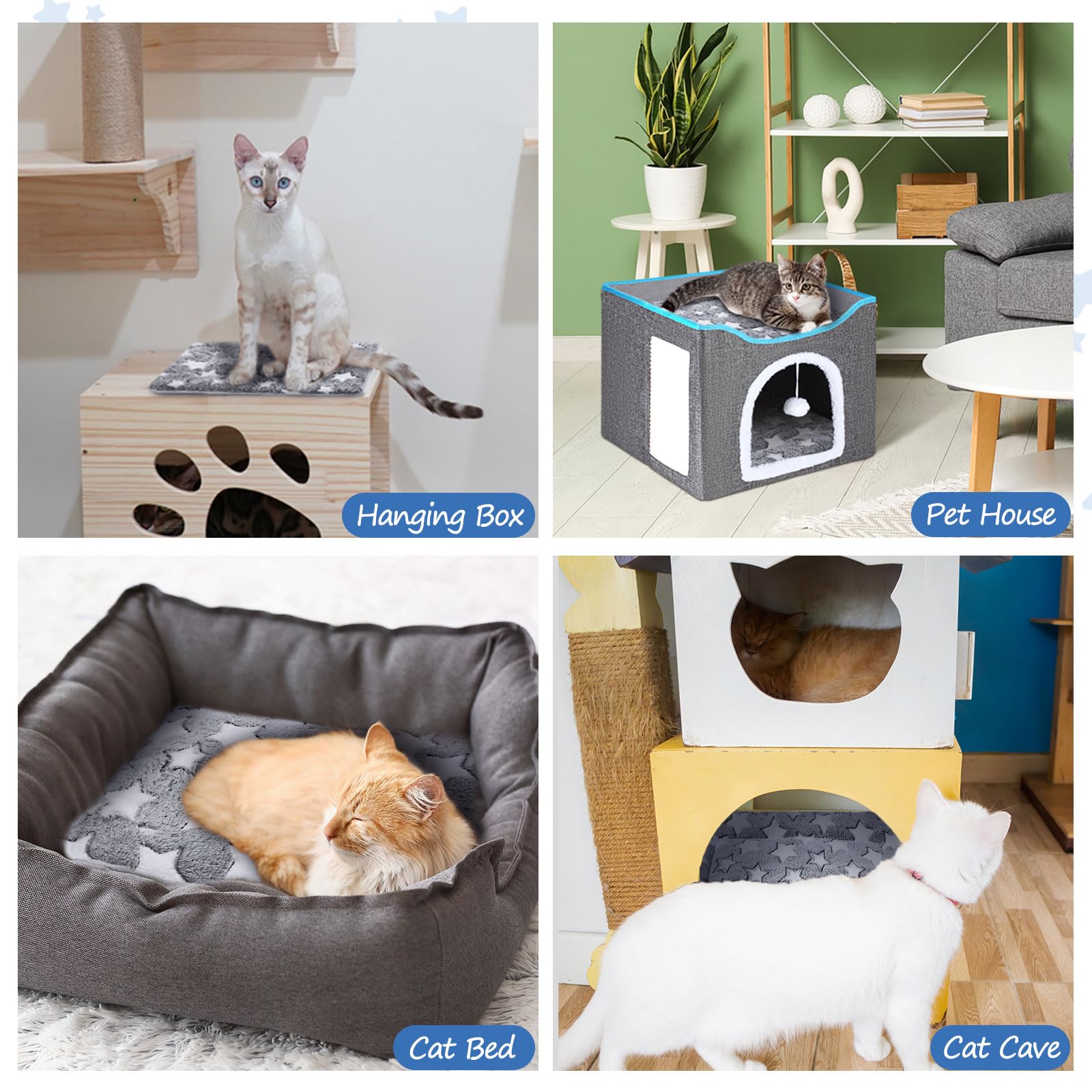 VitalCozy 2 Pack Self Warming Cat Mat Self Heating Pad Bed Reversible Machine Washable Reflects Body Heat Warm Thermal Pet Pad Crate Blanket for Feral and Indoor Cat (Star,17'' X 17'')