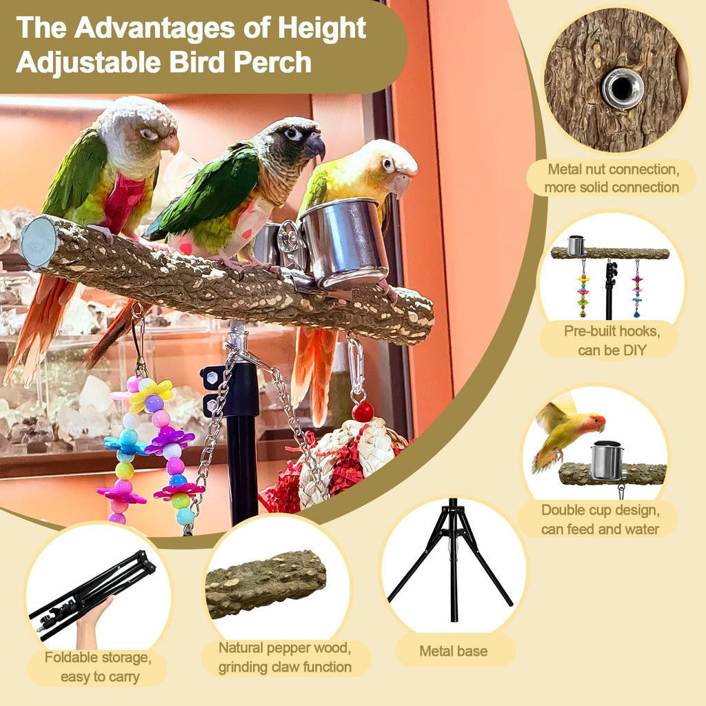 Arfubye 16-63 Inch Height Adjustable Bird Perch Pepper Wood Parrot Training Perch Stand with Feeding Cups and Swing Toy Parakeet Perches Indoor and Outdoor Parrot Stands for Small to Medium Bird