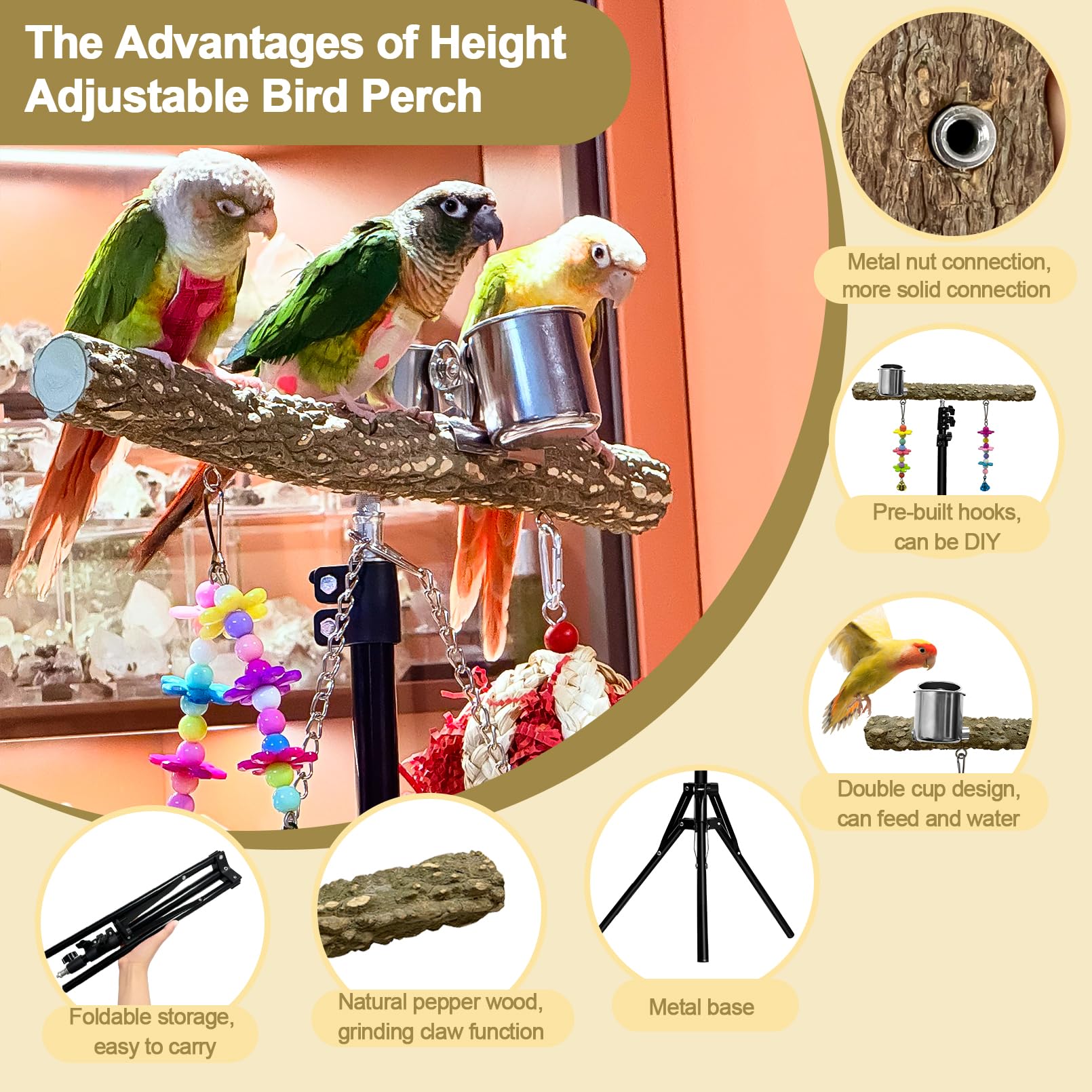 Arfubye 16-63 Inch Height Adjustable Bird Perch Pepper Wood Parrot Training Perch Stand with Feeding Cups and Swing Toy Parakeet Perches Indoor and Outdoor Parrot Stands for Small to Medium Bird