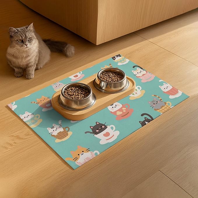 Cat Feedings Mats 20x12 inch Teacup Cat Print Pet Bowl Placemat Non Slip Mat for Cats Food and Water Indoor Kitty Feeding Station Cute Cats Meal Mat for Small Pets Kitchen Floor Use