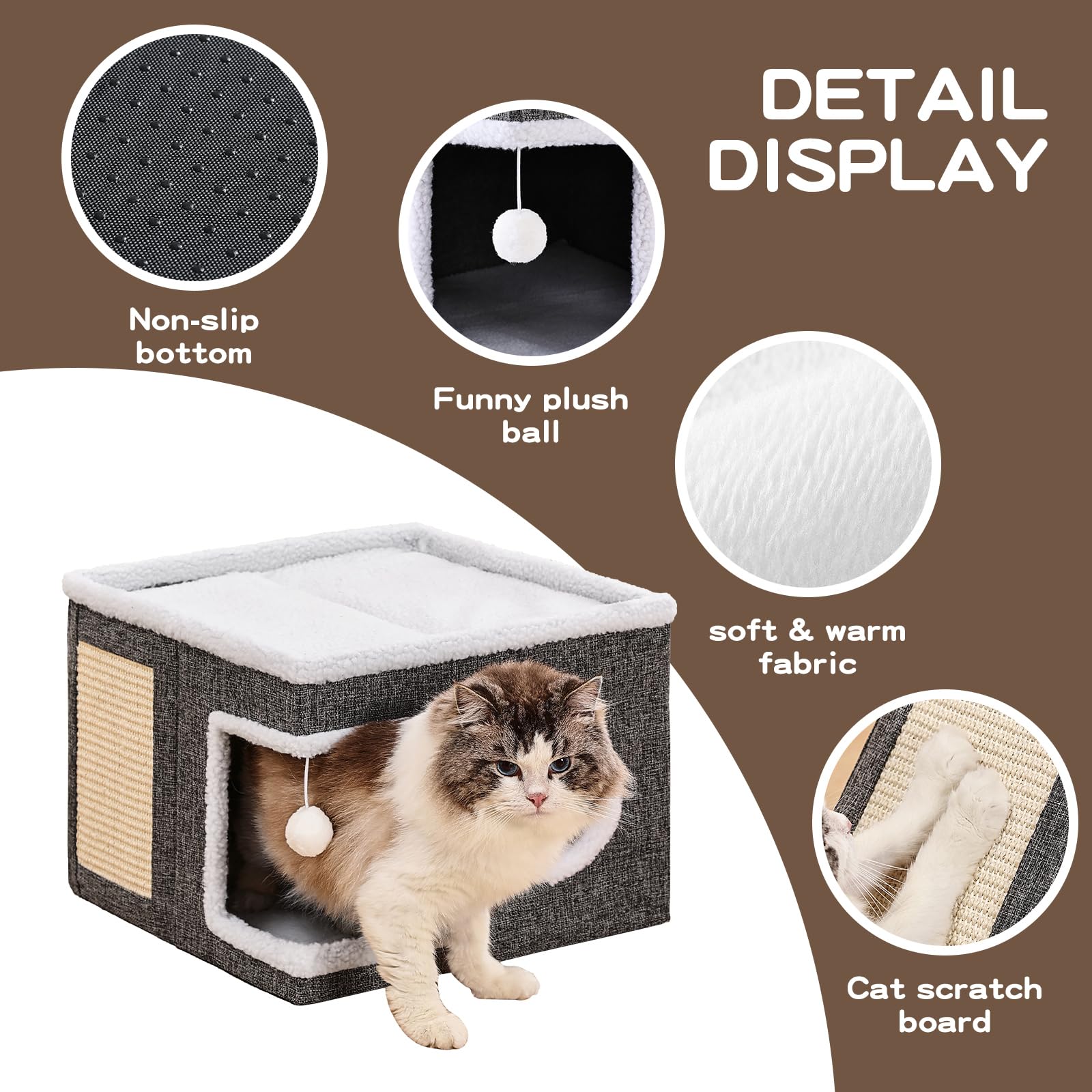 Crispedia Large Cat Houses for Indoor Cats with Fluffy Ball and Scratch Pad