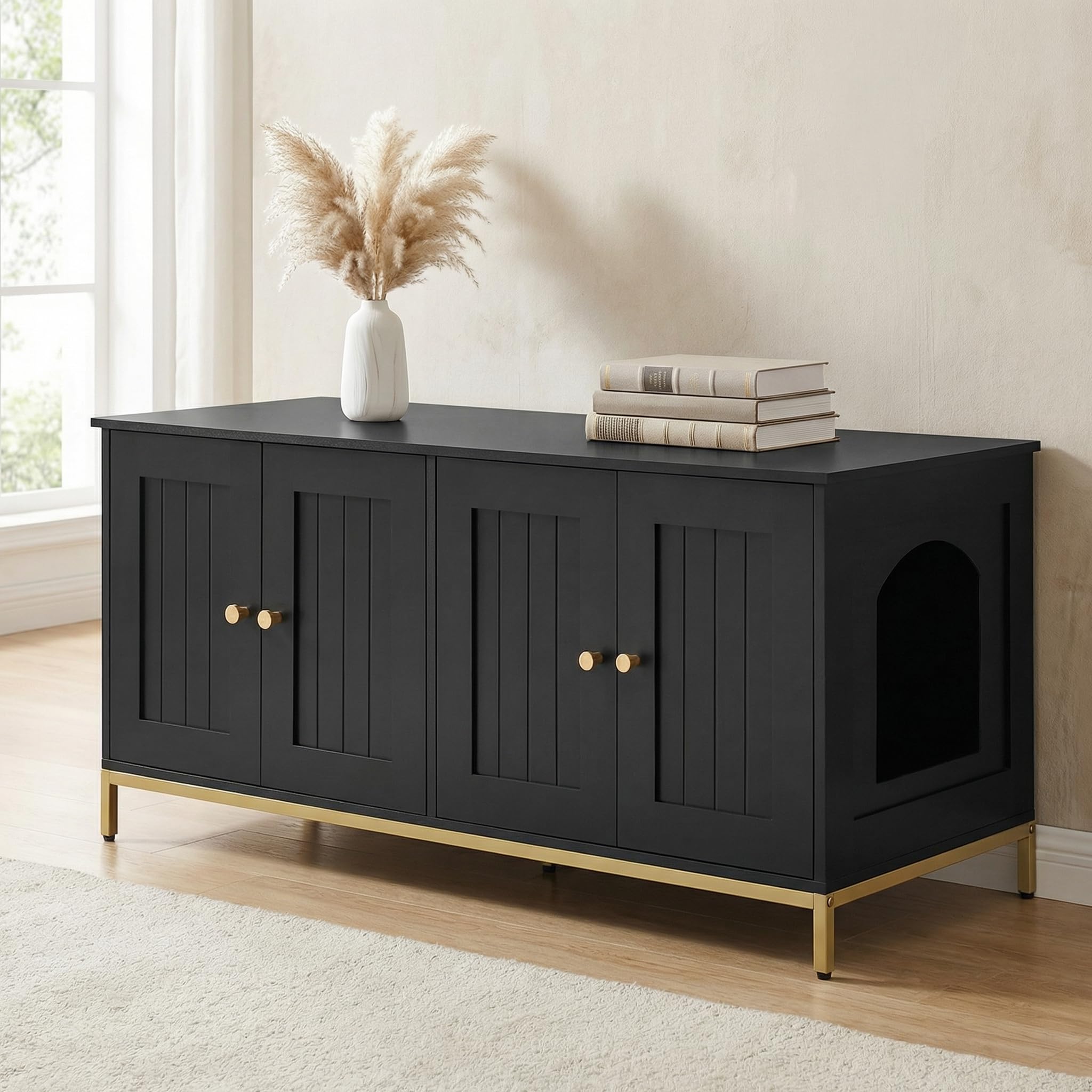 Homhedy 47.2" L Cat Litter Box Enclosure for 2 Cats, Black and Gold