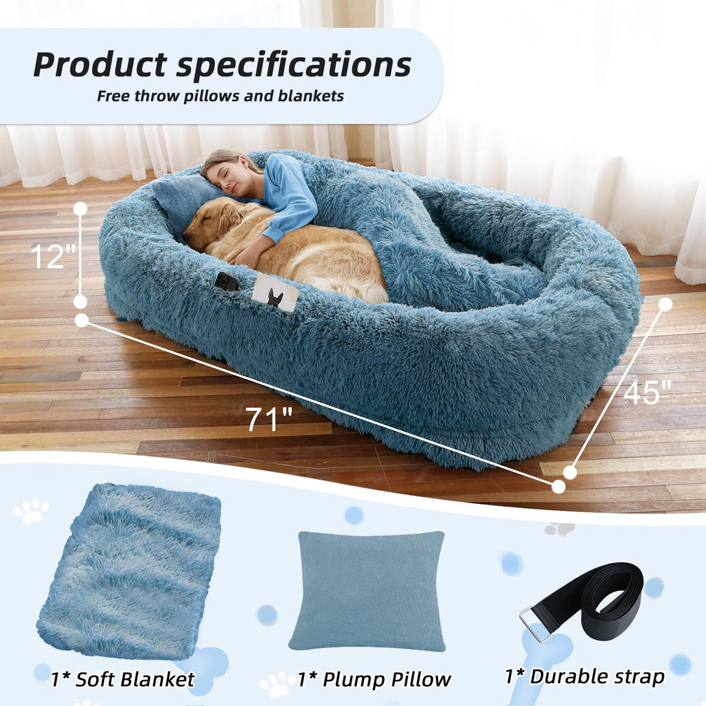 WROS Human Dog Bed, 71"x45"x12" Size Fits You and Pets, Washable Faux Fur Pet Bed for People Doze Off, Napping Orthopedic Dog Bed, Present Plump Pillow, Blanket, Strap - Navy